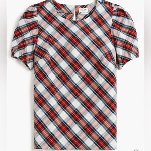NWT J. Crew Multicolor Plaid Puff Sleeve top!